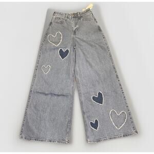 Social Tourist Wide Leg Jeans Womens W28 7R Light Wash Heart Patch High Rise NWT
